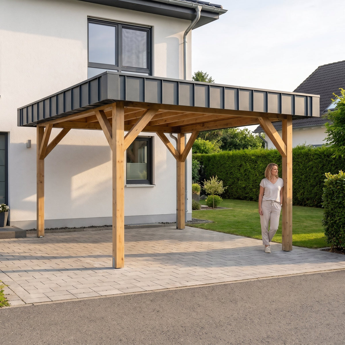 Frau steht neben dem Holzcarport Amecke Premium auf der Einfahrt vor dem Haus