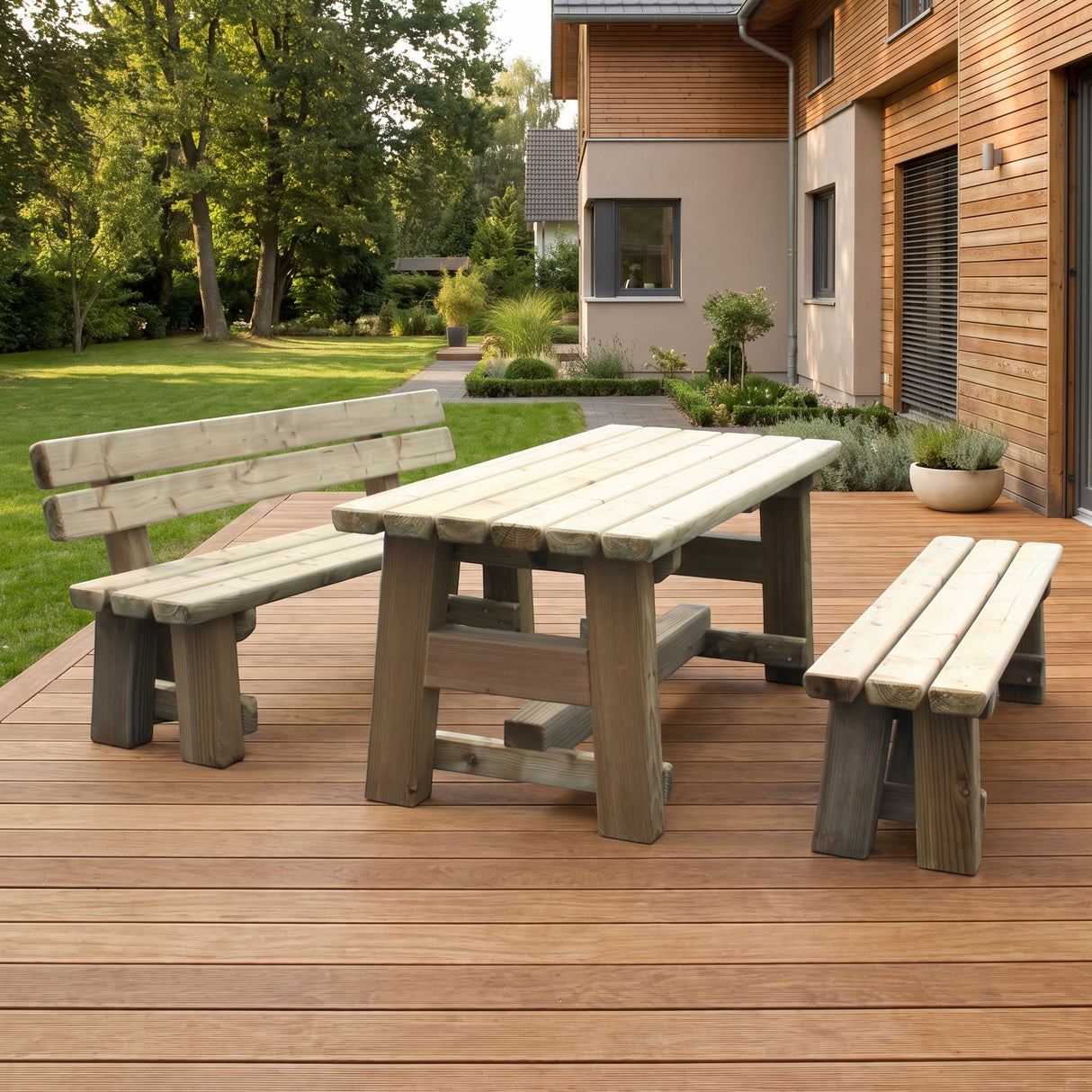 Gartenholz.org Biggetal garden furniture set made of pressure-treated Douglas fir wood on a wooden patio