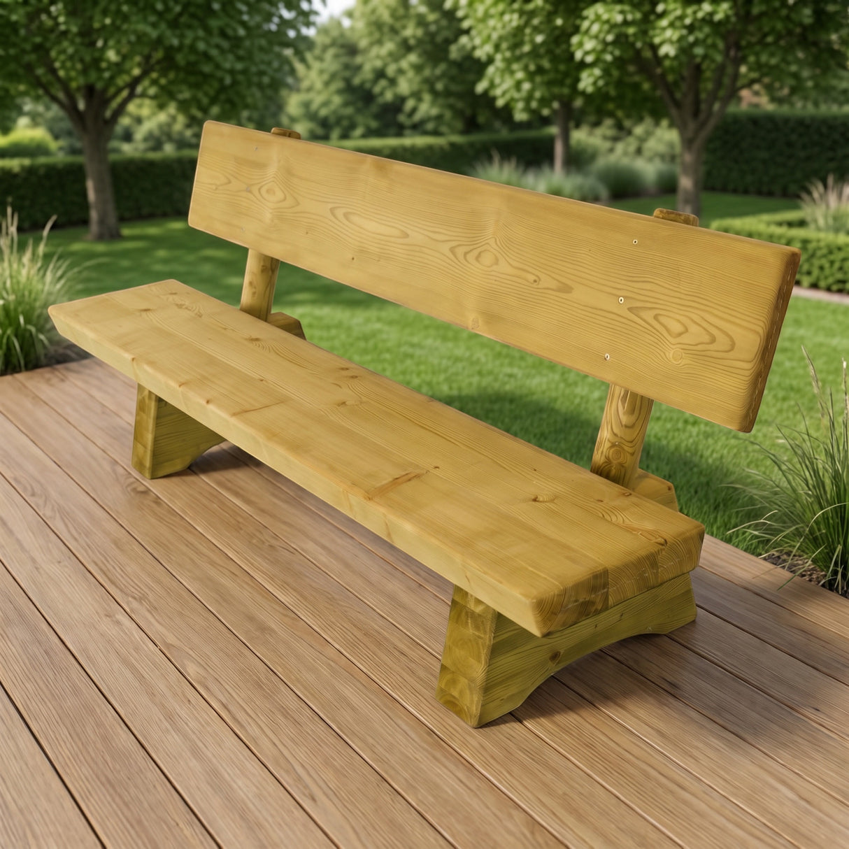 Gartenholz.org Elstertal 200cm long solid softwood garden bench with pressure-treated finish on a wooden deck