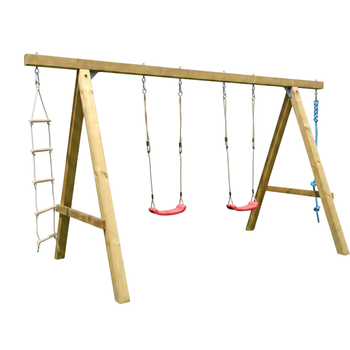 Gartenholz.org Hallenberg wooden swing set with two red seats, a climbing rope, and a rope ladder for garden play.