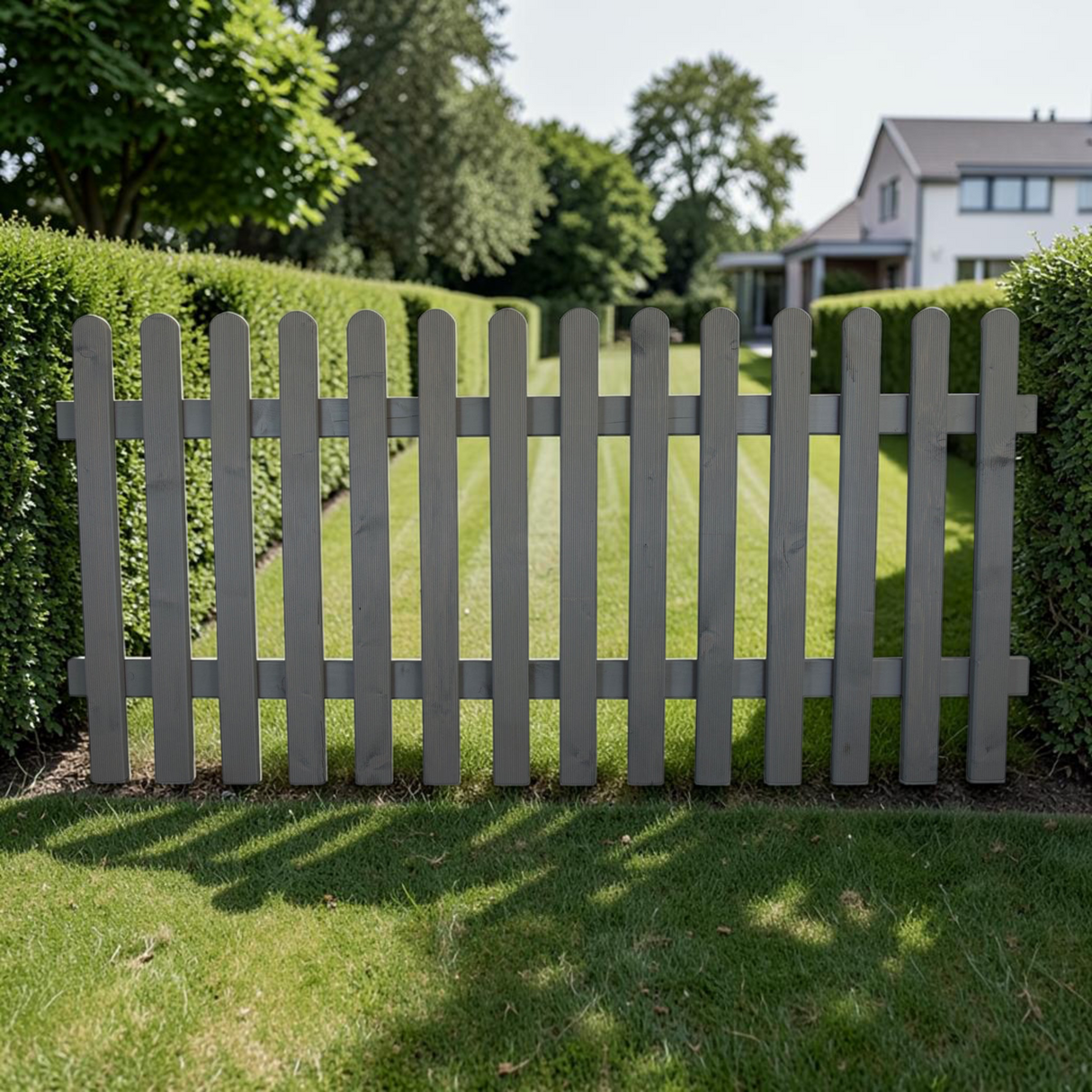 Gartenholz.org Kerspezaun garden fence element with grey glazed wooden slats and rounded tops on a white background.