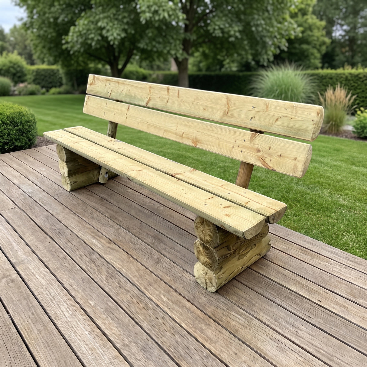 Gartenholz.org Lennetal garden bench made of solid green-impregnated coniferous wood on a wooden terrace