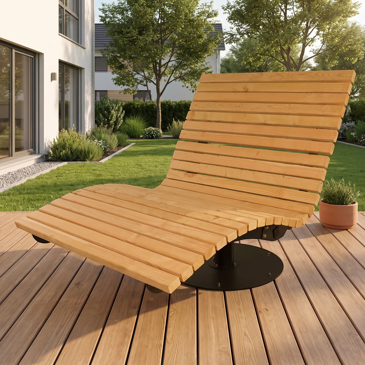 Gartenholz.org Waldsofa Sauerland made of natural Douglas fir wood with a 360-degree rotating steel base on a deck.