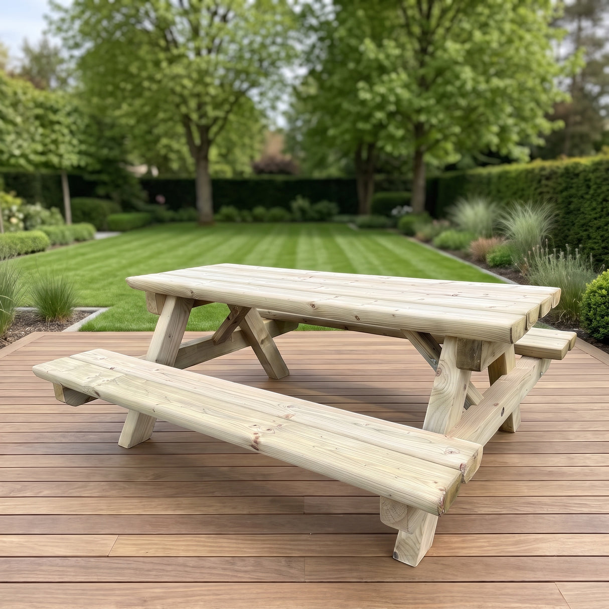 Gartenholz.org pressure-treated wooden picnic table with attached benches on a backyard deck