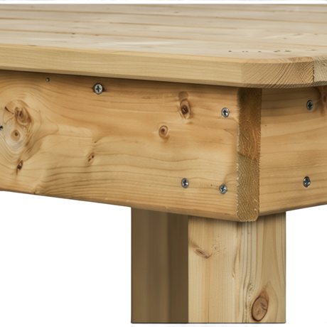 Tischplatte mit verschraubter Zarge und Tischbein am Stehtisch im Detail