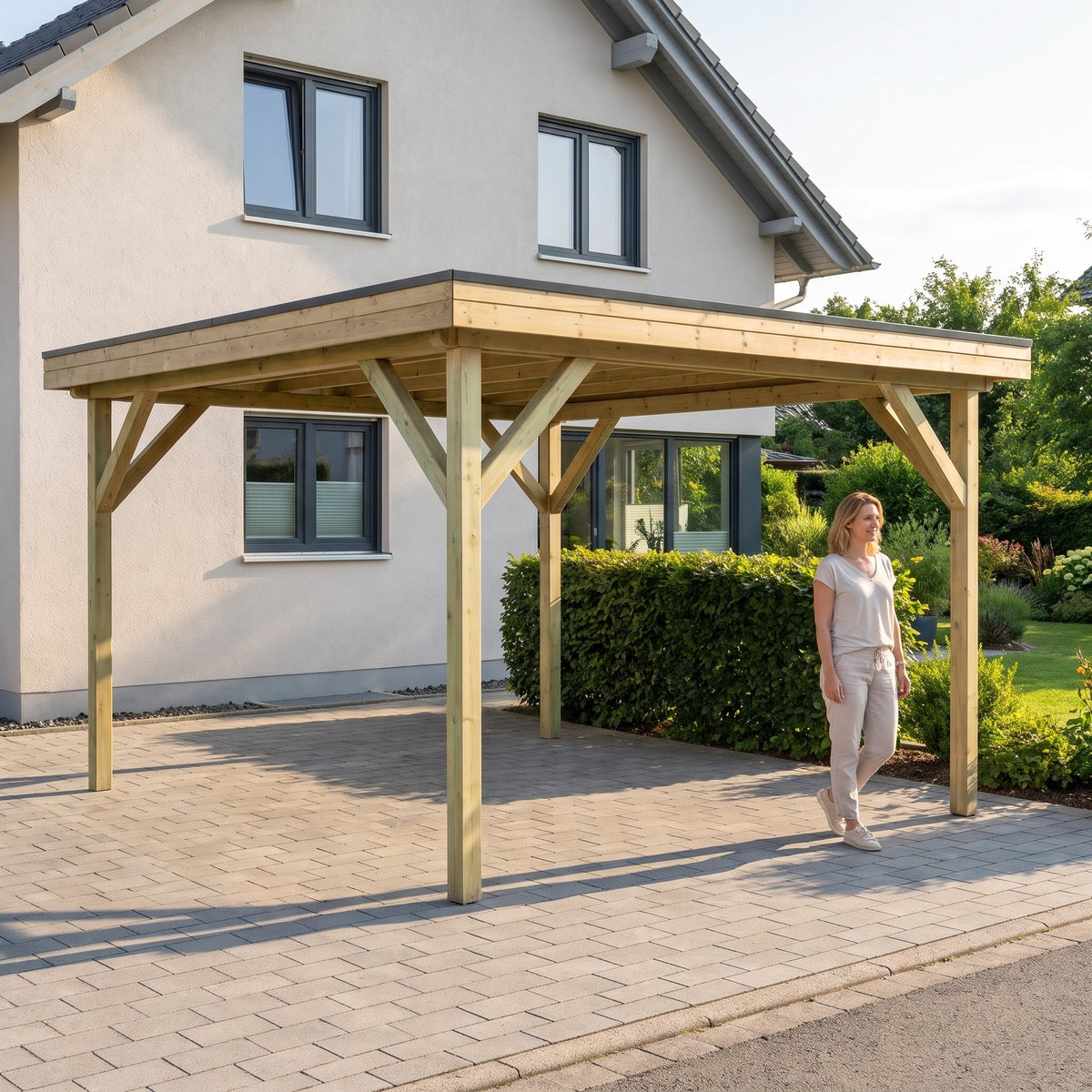 Frau geht neben dem Einzelcarport Amecke aus Holz auf der Einfahrt vor dem Haus
