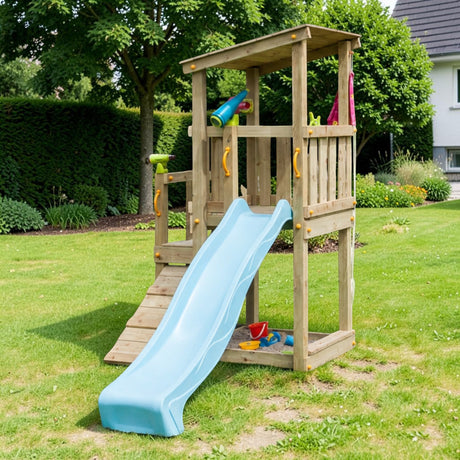 Gartenholz.org Altena wooden play tower with a blue slide, climbing ramp, and sandpit area for garden play.