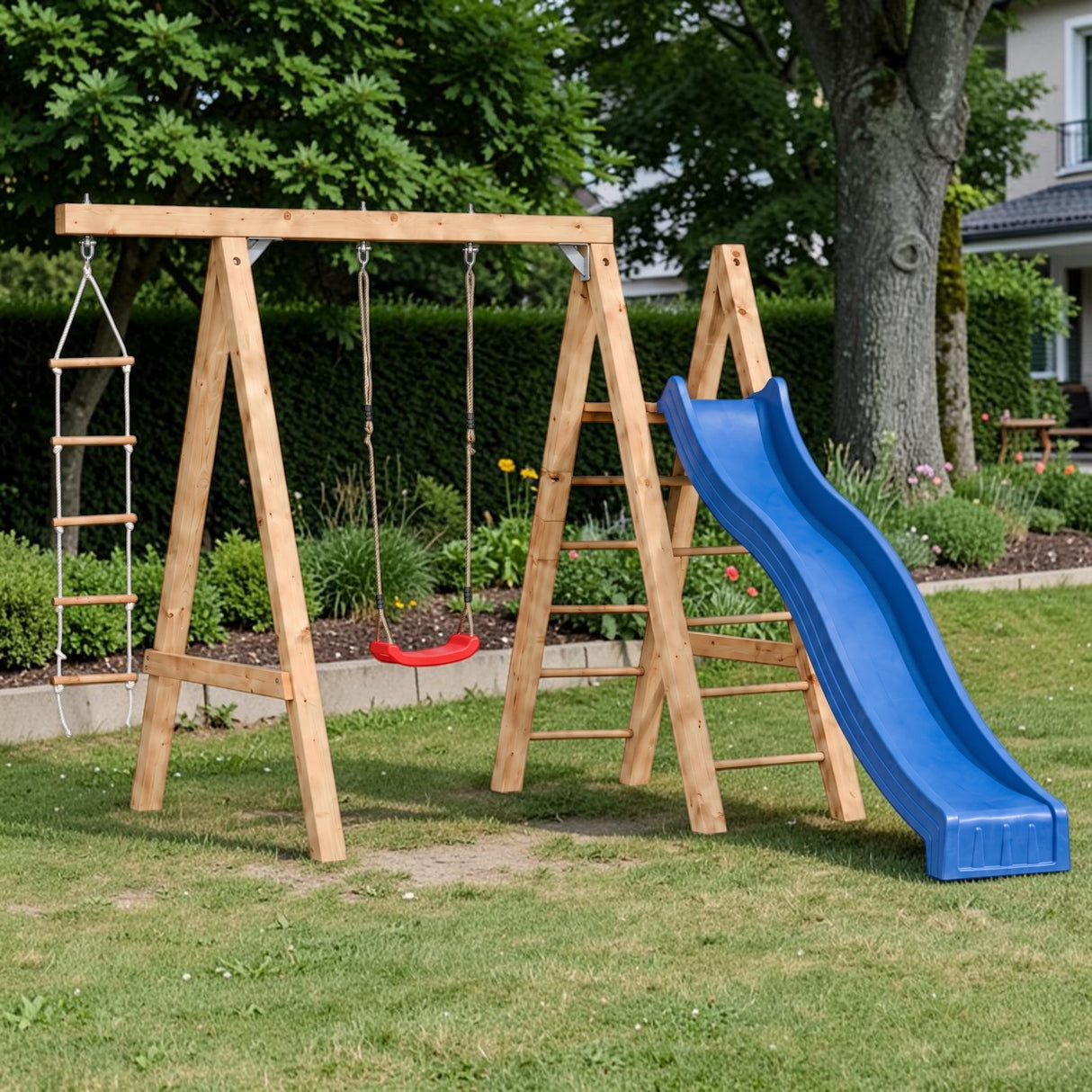 Gartenholz.org Bestwig wooden play tower with a red swing, blue slide, and climbing ladder in a garden setting.