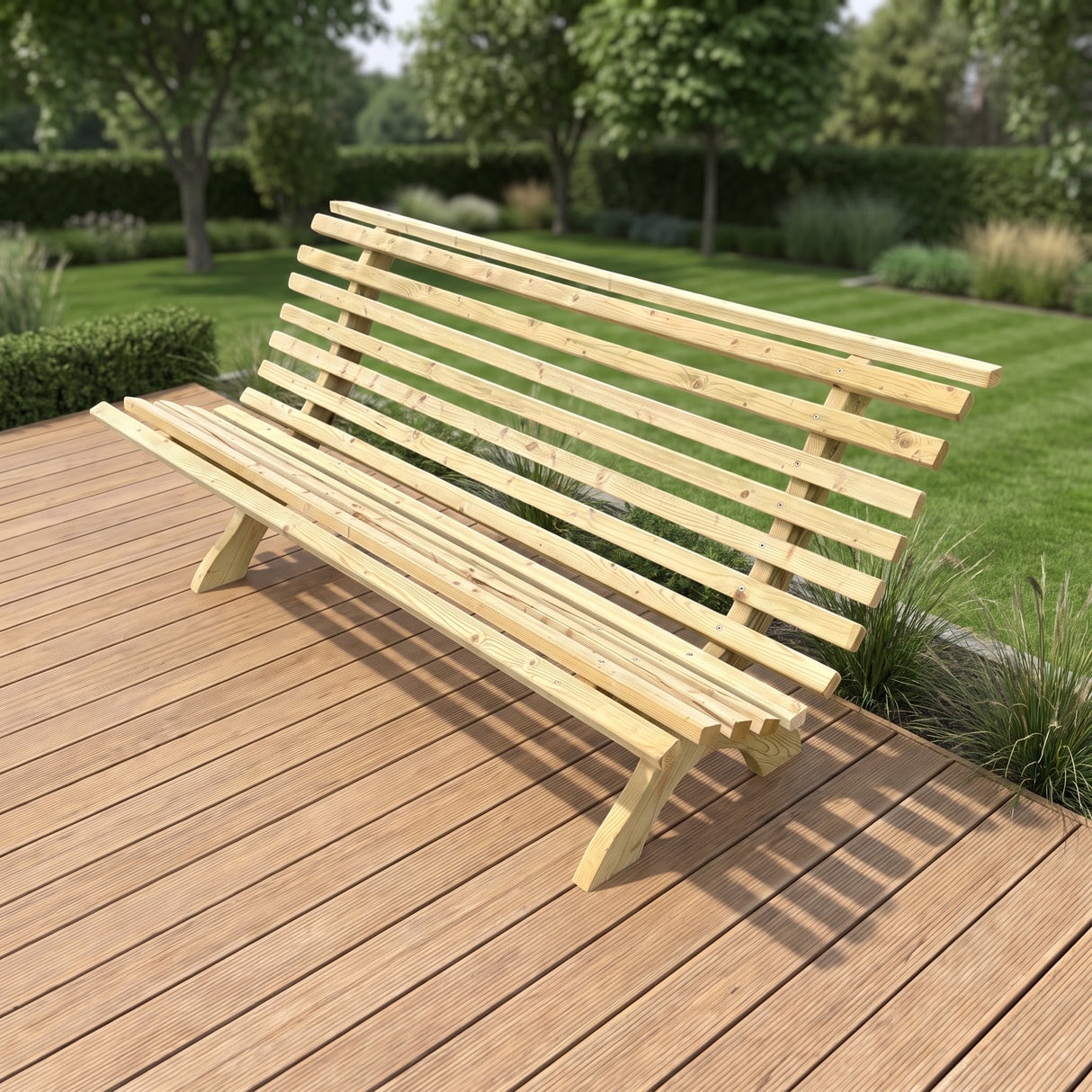 Gartenholz.org Elpetal garden bench made of pressure-treated green softwood with a curved backrest on a wooden deck.