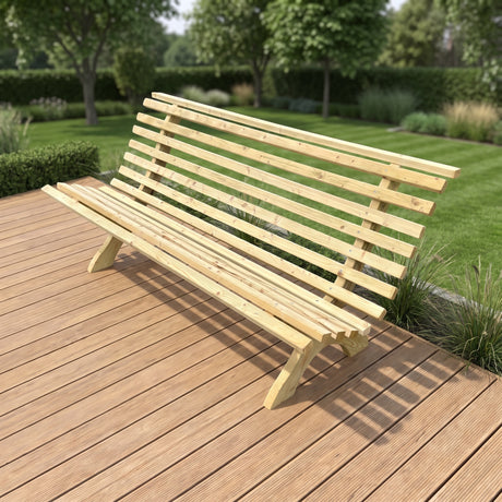 Gartenholz.org Elpetal garden bench made of pressure-treated green softwood with a curved backrest on a wooden deck.