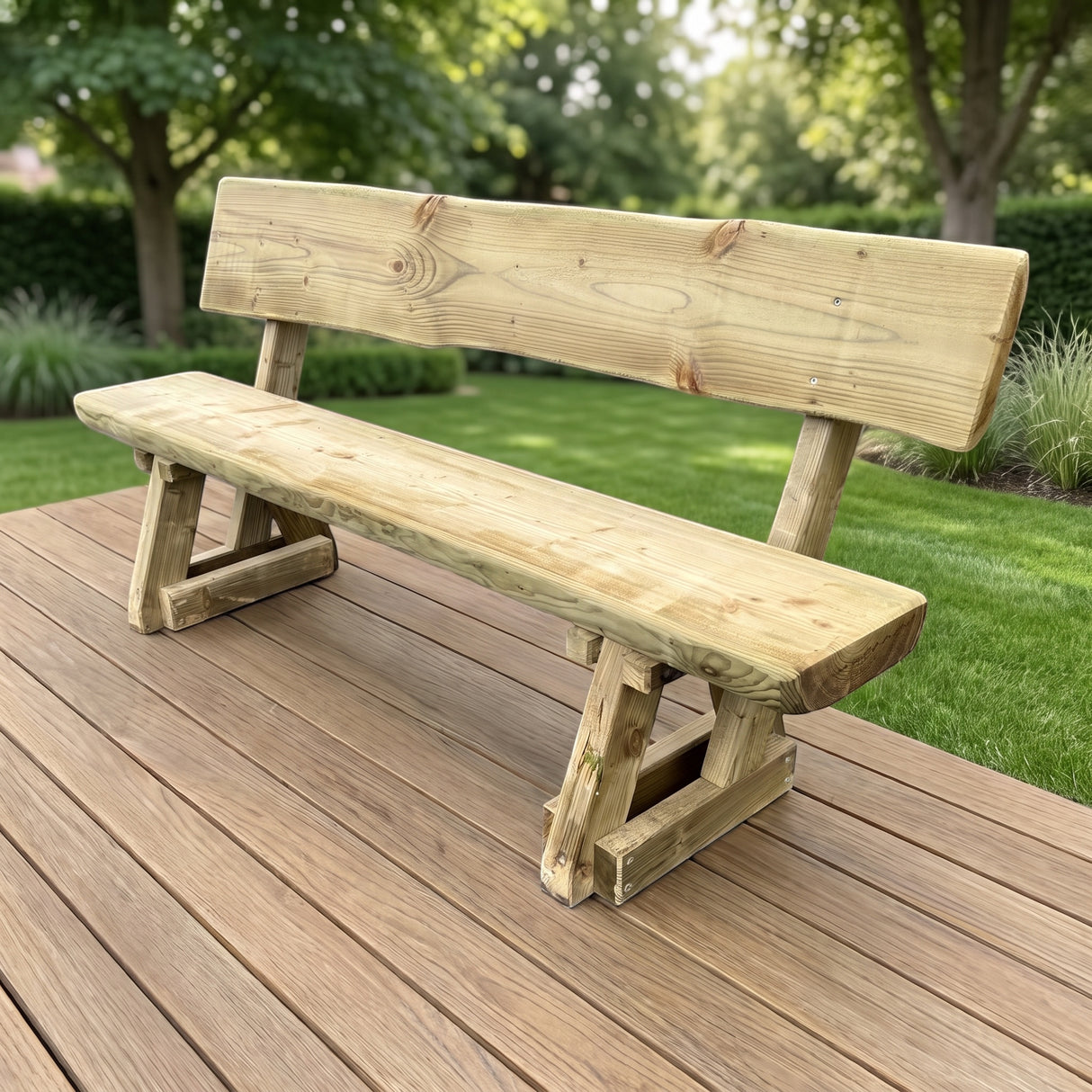 Gartenholz.org Frettertal rustic garden bench made of solid, pressure-treated coniferous wood on a wooden deck.