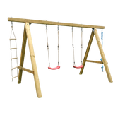 Gartenholz.org Hallenberg wooden swing set with two red seats, a climbing rope, and a rope ladder for garden play.