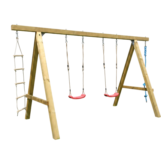 Gartenholz.org Hallenberg wooden swing set with two red seats, a climbing rope, and a rope ladder for garden play.
