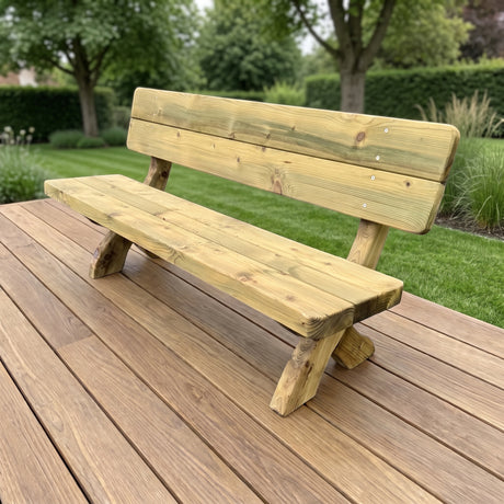 Gartenholz.org Hennetal garden bench made of green pressure-treated softwood on a wooden deck in a garden setting.