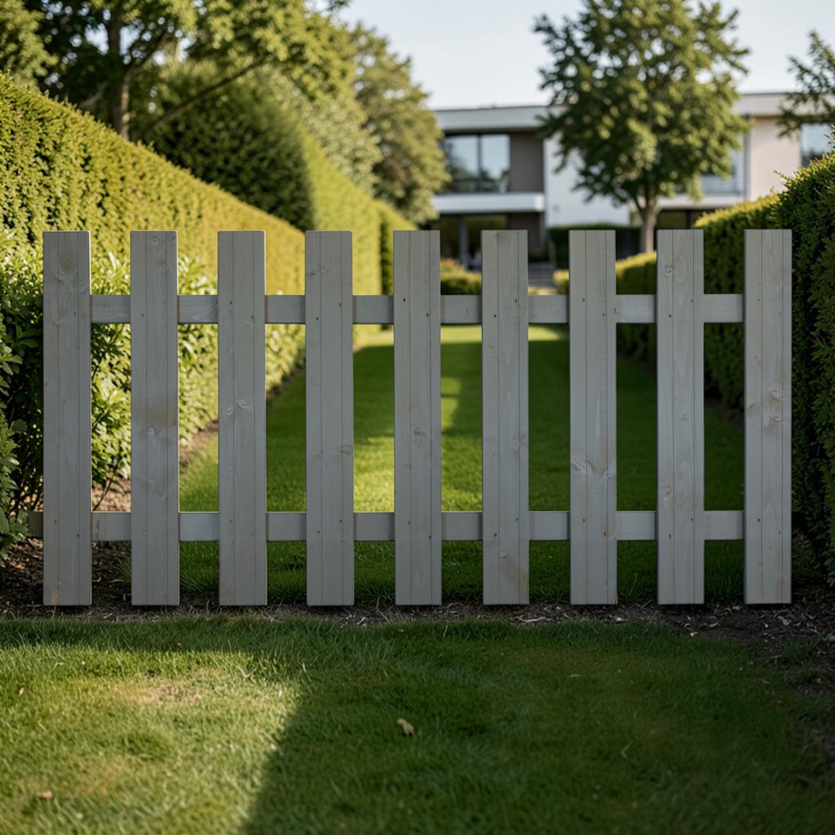 Gartenholz.org Hillezaun garden fence element in grey glazed wood with vertical slats and modern design