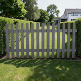 Gartenholz.org Kerspezaun garden fence element with grey glazed wooden slats and rounded tops on a white background.