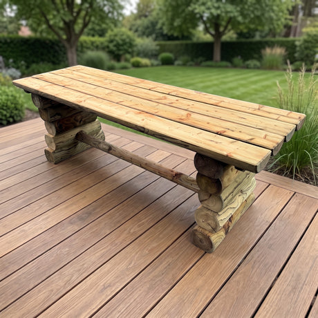 Gartenholz.org Lennetal solid wood garden bench with a rustic log design on a wooden deck in a garden setting.