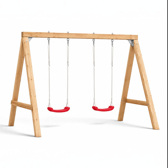 Gartenholz.org Marsberg double swing set with pressure-treated wooden frame and two red plastic seats for garden play