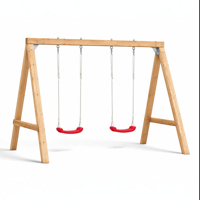 Gartenholz.org Marsberg double swing set with pressure-treated wooden frame and two red plastic seats for garden play