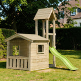 Gartenholz.org Medebach wooden play tower with integrated playhouse, 90cm platform height, and green slide in garden