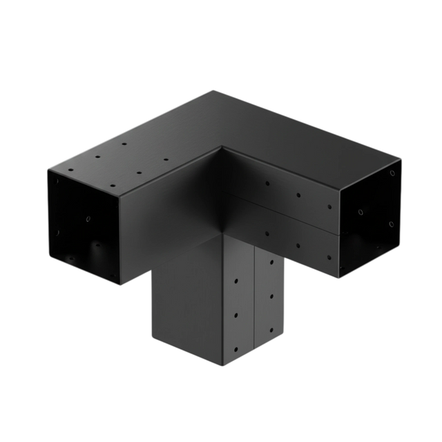 Gartenholz.org Pergofast 3-way steel connector in black for 90-degree pergola corner joints with pre-drilled holes.