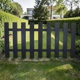 Gartenholz.org Seilerzaun garden fence element in black glazed wood with vertical slats and horizontal rails.