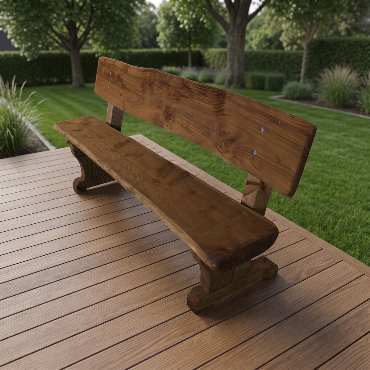 Gartenholz.org Sorpetal garden bench made of pressure-treated Douglas fir wood with a natural finish on a wooden deck.