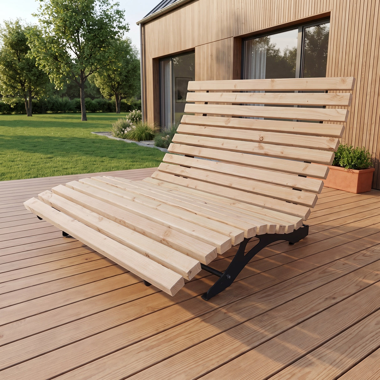 Gartenholz.org Waldsofa Sonnenpfad aus Douglasie mit geschwungener Liegefläche und schwarzem starrem Untergestell