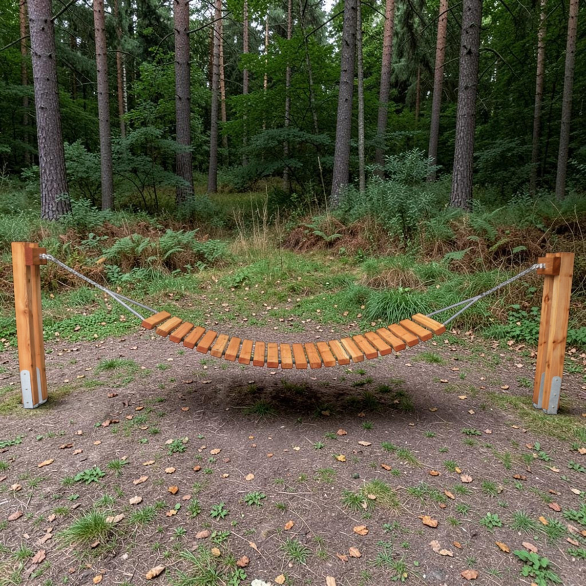 Holz Hängematte Hillebachtal auf einer Waldlichtung zwischen Nadelbäumen